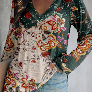 Vintage Floral V Neck Long Sleeve T-shirt, T-shirts, color:Green|size:4XL, catalog Noracora shop