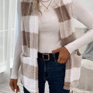 Women's Plaid Fleece Loose Vest, Outerwear, color:Khaki|size:XL, catalog Noracora shop