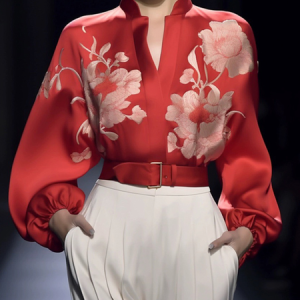 Plus Size Balloon Sleeve Stand Collar Elegant Printing Shirt With No Belt, Plus Tops, color:Red|size:4X, Stylewe