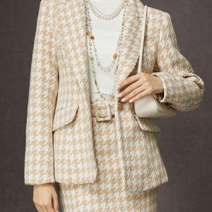 Elegant Houndstooth Lapel Collar Blazer, Blazers, color:As Picture|size:XXL, Stylewe