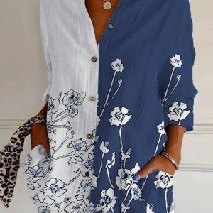 Women's Long Sleeve Shirt Spring/Fall Floral Shirt Collar Daily Going Out Casual Top, JustFashionNow Blouses, color:Blue|size:5XL,