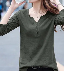 Casual Plain V Neck Long Sleeve T-shirt, T-shirts, color:Army Green|size:3XL, catalog Noracora shop