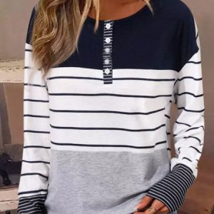 Crew Neck Long Sleeve Striped Regular Micro-Elasticity Loose Blouse For Women, Blouses, color:White|size:XXL, catalog Noracora shop