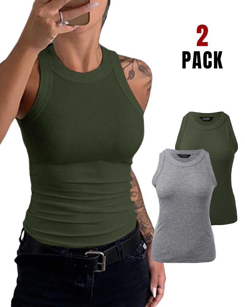 2-Pack Round Neck Thick Strap Racerback Ribbed Tank Slim Fit Tops without Bra Pads, women Tanks & Crop Tops, ChicMe catalog - Image 8