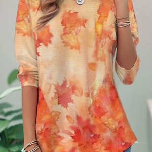 Casual Leaf Crew Neck Long Sleeve T-shirt, Blouses, color:Orange Red|size:XXL, catalog Noracora shop