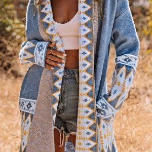 Women's Spring/Fall Ethnic Casual Long Sleeve Yarn/Wool Yarn Sweater, JustFashionNow Cardigans, color:Blue|size:XXL,