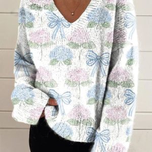 Women Floral Long Sleeve Blouse Spring/Fall V Neck Daily Casual Top, JustFashionNow Shirts, color:Blue-White|size:3XL,
