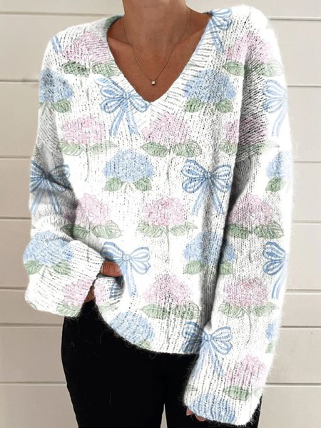 Women Floral Long Sleeve Blouse Spring/Fall V Neck Daily Casual Top, JustFashionNow Shirts, color:Blue-White|size:3XL,