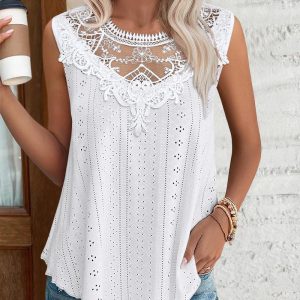 Contrast Lace V-Neck Sleeveless Thick Strap Hollow-out Knit Tank Casual Top, women Tanks & Crop Tops, ChicMe catalog