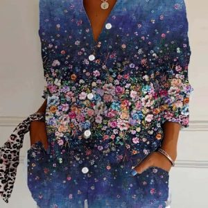 Shirt Collar Long Sleeve Floral Lightweight Regular Fit Shirt For Women, Shirts, color:Blue|size:XXL, catalog Noracora shop