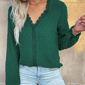 V Neck Long Sleeve Plain Lace Regular Micro-Elasticity Loose Blouse For Women, Blouses, color:darkgreen|size:XL, catalog Noracora shop