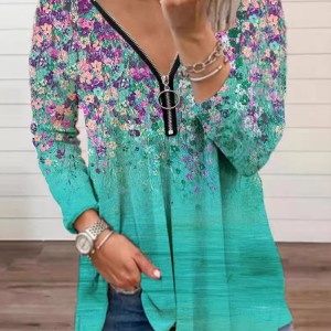 V Neck Long Sleeve Floral Zipper Regular Micro-Elasticity Loose Blouse For Women, Blouses, color:Green|size:XXL, catalog Noracora shop