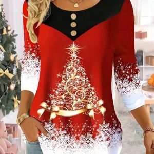 Crew Neck Long Sleeve Christmas Regular Micro-Elasticity Loose Blouse For Women, Blouses, color:Red|size:XXL, catalog Noracora shop