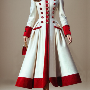 Elegant Red Leather-Trimmed Color Block Buttoned Long Coat, Coats, color:As Picture|size:XXL, Stylewe