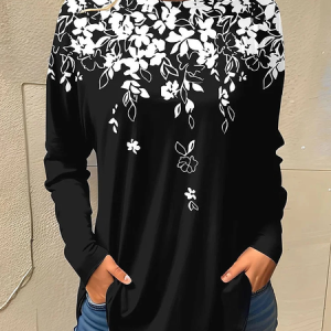 Casual Floral Crew Neck Long Sleeve T-shirt, Blouses, color:Black|size:5XL, catalog Noracora shop
