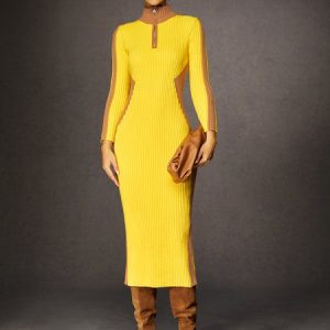 Urban Stand Collar Color-Block Sweater Dress, Midi Dresses, color:Yellow|size:XXL, Stylewe