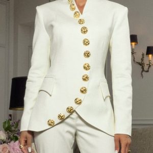 Urban Buttoned Plain V Neck Blazer, Blazers, color:White|size:XXL, Stylewe