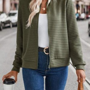 Women's Plain Zipper Thicken Loose Jacket, Outerwear, color:Army Green|size:XXL, catalog Noracora shop