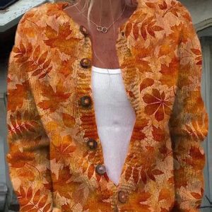 Women 3D Printing Long Sleeve Comfy Casual Buttoned Cardigan, Cardigans, color:Orange|size:4XL, catalog Noracora shop