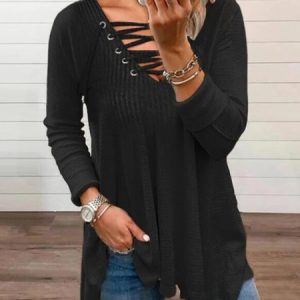 Cross Neck Long Sleeve Plain Regular Micro-Elasticity Loose Blouse For Women, Blouses, color:Black|size:XXL, catalog Noracora shop