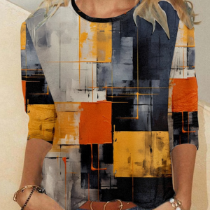 Casual Geometric Crew Neck Long Sleeve T-shirt, T-shirts, color:Multicolor|size:4XL, catalog Noracora shop