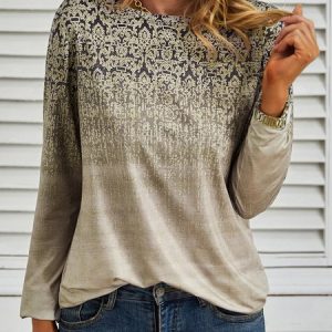 Printed Long Sleeve Casual T-Shirt, T-shirts, color:Khaki|size:XXL, catalog Noracora shop