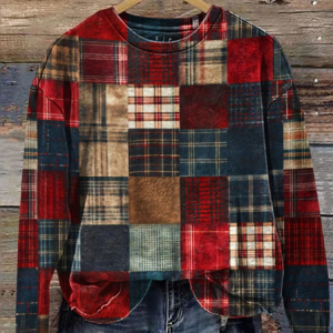Vintage Crew Neck Plaid Sweatshirt, Hoodies & Sweatshirts, color:As Picture|size:5XL, catalog Noracora shop