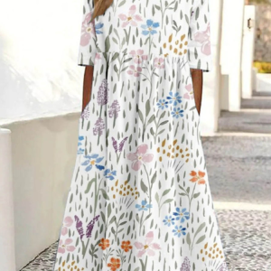 Women 3D Floral Printing Crew Neck Half Sleeve Comfy Vintage Maxi Dress, Dresses, color:As Picture|size:4XL, catalog Noracora shop
