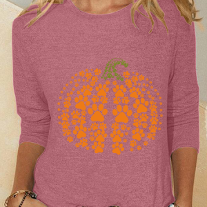 Paw Pumpkin Print Halloween Casual Long Sleeve Shirt, Long sleeves, Lilicloth.com