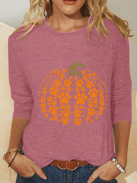 Paw Pumpkin Print Halloween Casual Long Sleeve Shirt, Long sleeves, Lilicloth.com