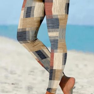 Women's Abstract Plaid Casual All Season Long Leggings, JustFashionNow Leggings, color:Khaki|size:4XL,