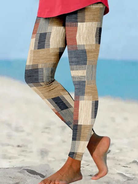 Women's Abstract Plaid Casual All Season Long Leggings, JustFashionNow Leggings, color:Khaki|size:4XL,