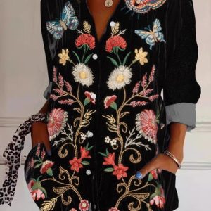 Shirt Collar Long Sleeve Ethnic Regular Loose Shirt For Women, Shirts, color:Black|size:XXL, catalog Noracora shop