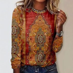 Ethnic Casual Crew Neck Jersey T-Shirt, Long sleeves, Lilicloth.com
