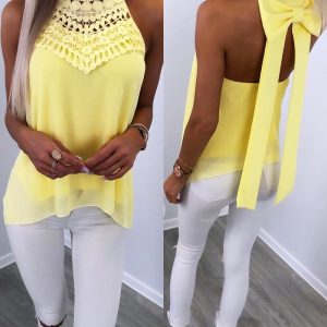 Contrast Lace Halter Sleeveless Back  Bowknot Decor Top Casual Backless Flowy Tank, women Tanks & Crop Tops, ChicMe catalog