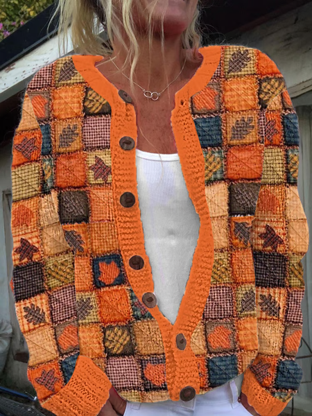 Women's Pumpkin Maple Leaf Casual Crew Neck Knitted Color Block Cardigan, Cardigans, Lilicloth.com