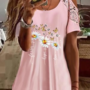 Women's Short Sleeve Tee T-shirt Summer Floral Lace Jersey Crew Neck Daily Going Out Casual Top, JustFashionNow T-Shirts, color:Pink|size:XXL,