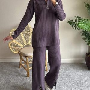 Women Plaid Notched Long Sleeve Comfy Casual Top With Pants Two-Piece Set, Sets, color:Purple|size:5XL, catalog Noracora shop