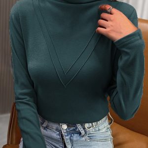 Casual Plain Mock Neck Long Sleeve T-shirt, T-shirts, color:darkgreen|size:XL, catalog Noracora shop