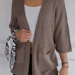 Women Yarn/Wool Yarn Plain Three Quarter Sleeve Comfy Casual Pocket Stitching Cardigan, Cardigans, color:Brown|size:3XL, catalog Noracora shop