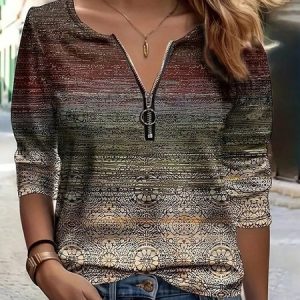 Crew Neck Long Sleeve Geometric Zipper Regular Micro-Elasticity Loose Blouse For Women, Blouses, color:Wine Red|size:XL, catalog Noracora shop