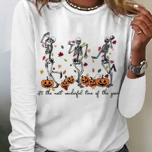 Casual Halloween Crew Neck Long Sleeve T-shirt, T-shirts, color:White|size:XXL, catalog Noracora shop