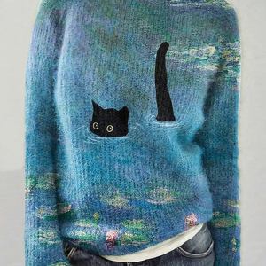 Women Knitted Cute Cat 3D Printing Long Sleeve Comfy Casual Sweater, Sweaters, color:Blue|size:5XL, catalog Noracora shop