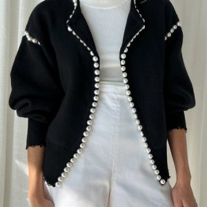 Casual Regular Sleeve Imitation Pearls Sweater Cardigan, Cardigans, color:Black|size:XXL, Stylewe