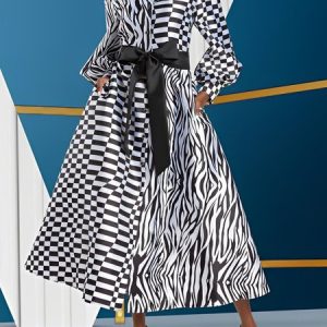 Balloon Sleeve Urban Geometric Shirt Dress With Belt, Maxi Dresses, color:Black-white|size:XXL, Stylewe