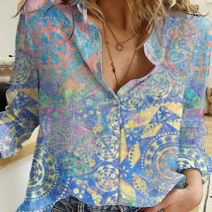 Shirt Collar Long Sleeve Abstract Regular Loose Shirt For Women, Shirts, color:Blue|size:3XL, catalog Noracora shop