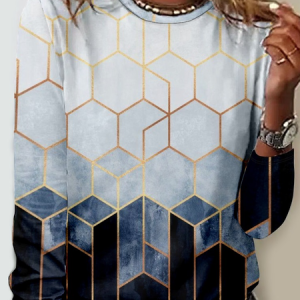 Casual Geometric Crew Neck Long Sleeve T-shirt, T-shirts, color:Blue|size:4XL, catalog Noracora shop
