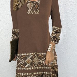 Women Ethnic Crew Neck Long Sleeve Comfy Vintage Mini Dress, Dresses, color:Brown|size:XXL, catalog Noracora shop