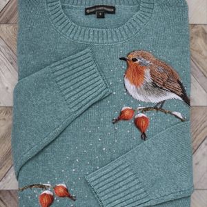 Bird On Berry Branch Snowy Embroidered Cozy Sweater, Sweaters, Lilicloth.com