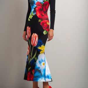Elegant Floral Tight Dress, Midi Dresses, color:Black|size:XXL, Stylewe